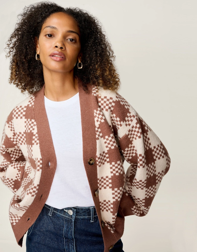 Athena Check Cardigan in Brown and Cream