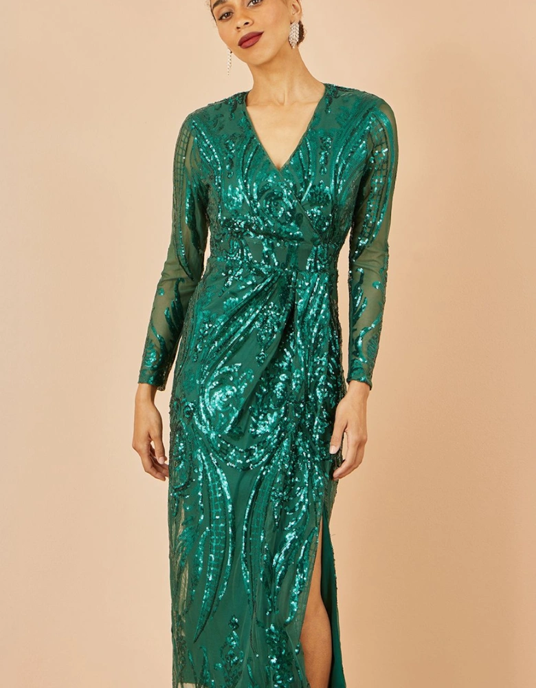 Green Sequin Midi Wrap Dress With Split Hemline And Long Sleeves