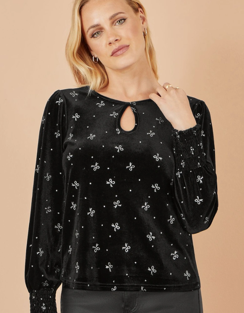 Black Sparkle Bow Print Velvet Top