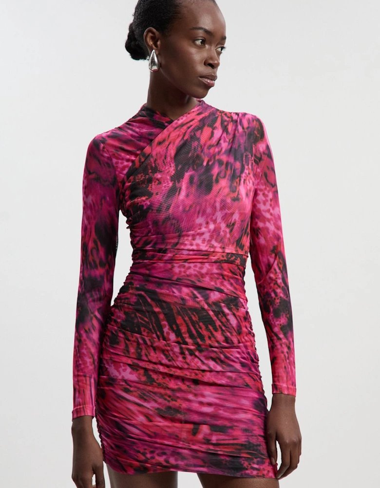 Animal Print Mesh Ruched Mini Dress