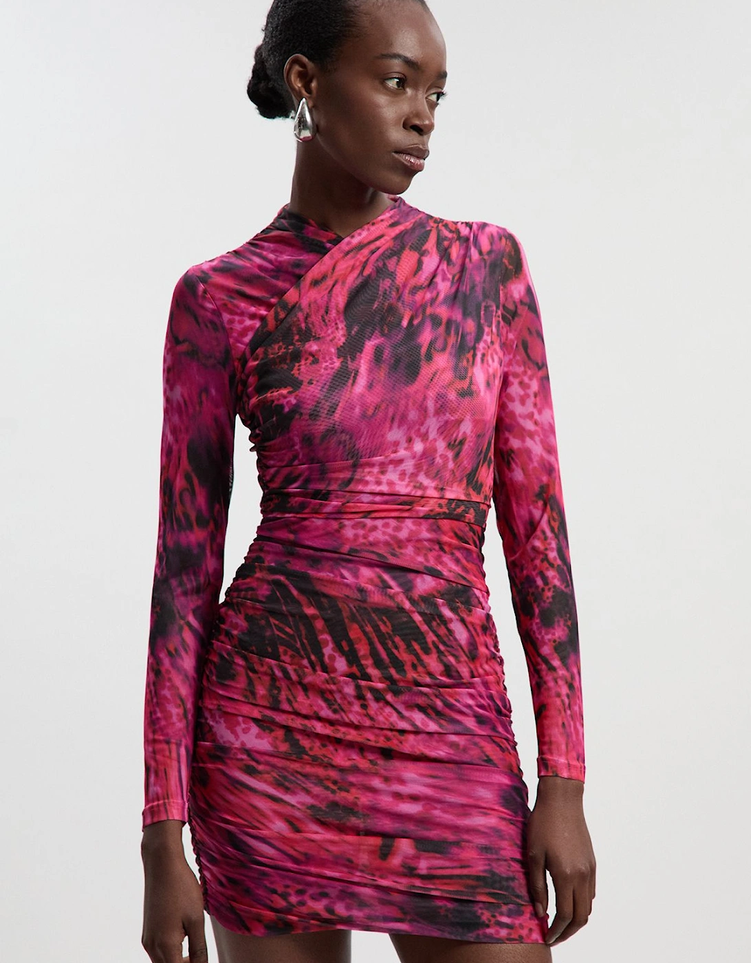 Animal Print Mesh Ruched Mini Dress, 2 of 1