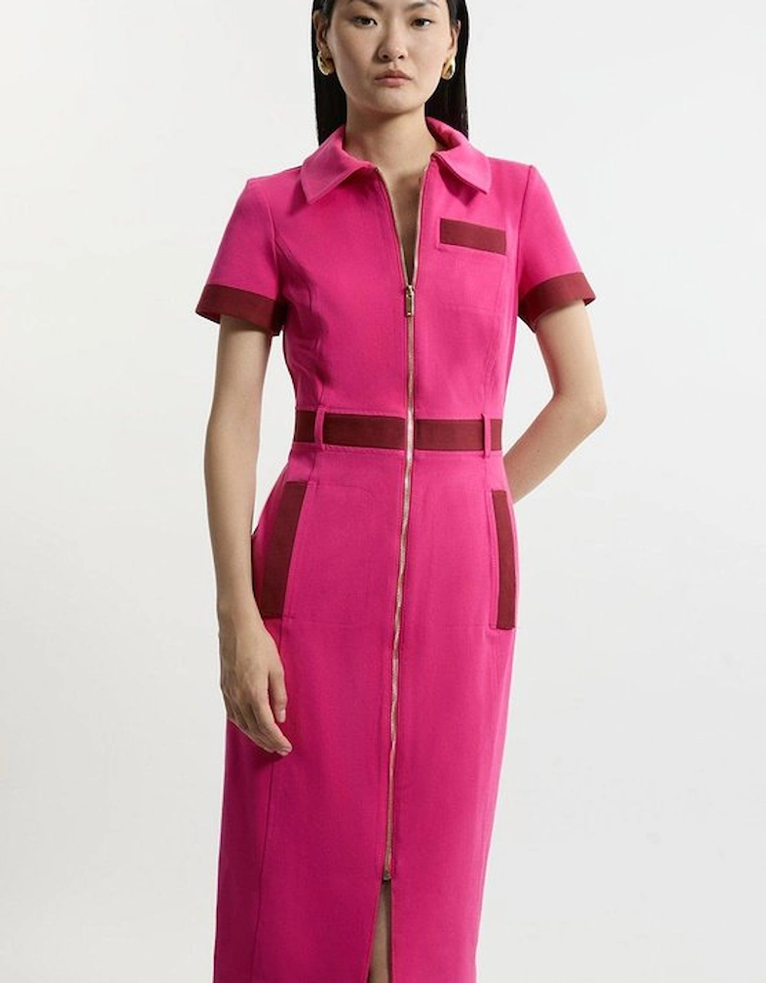 Compact Stretch Colourblock Grosgrain Zip Tailored Midi Dress, 5 of 4