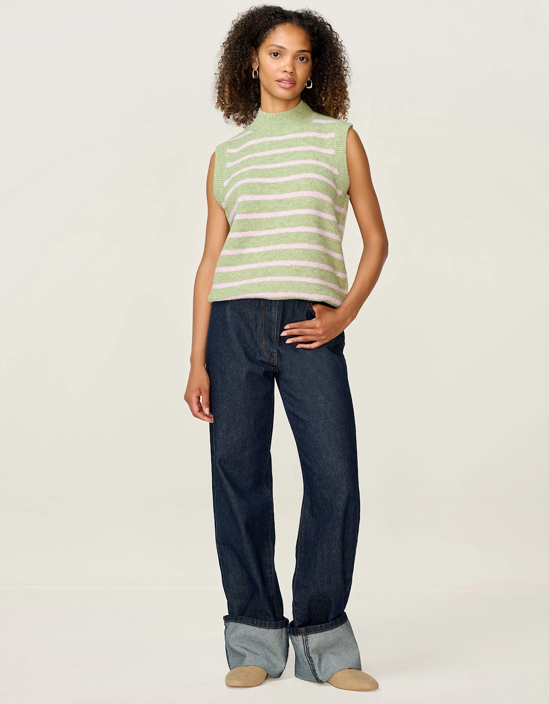 Omnes Women's Pauli Funnel Neck Stripe Vest in Green and Pink - Size: 18/16