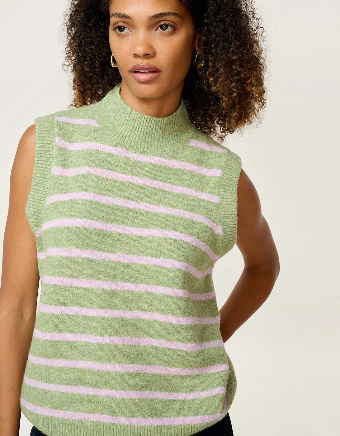 Pauli Funnel Neck Stripe Vest in Green and Pink