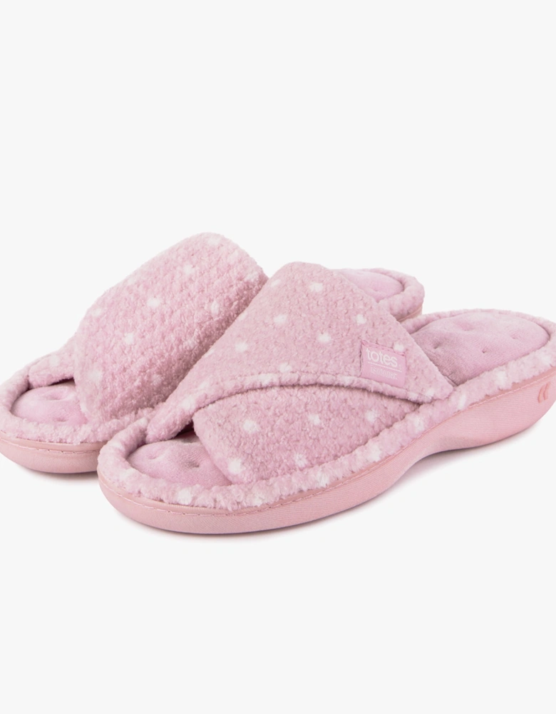 Isotoner POPCORN TURNOVER OPEN TOE Womens Mule Slippers Pink Spot