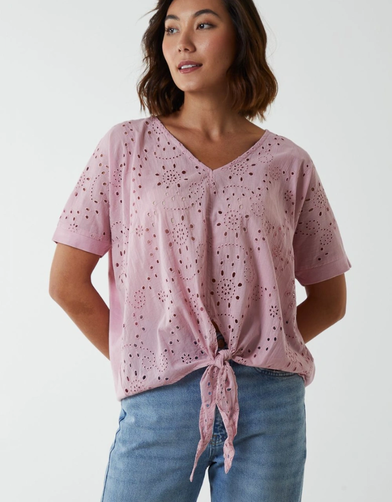 Broderie Batwing Knot Front Top