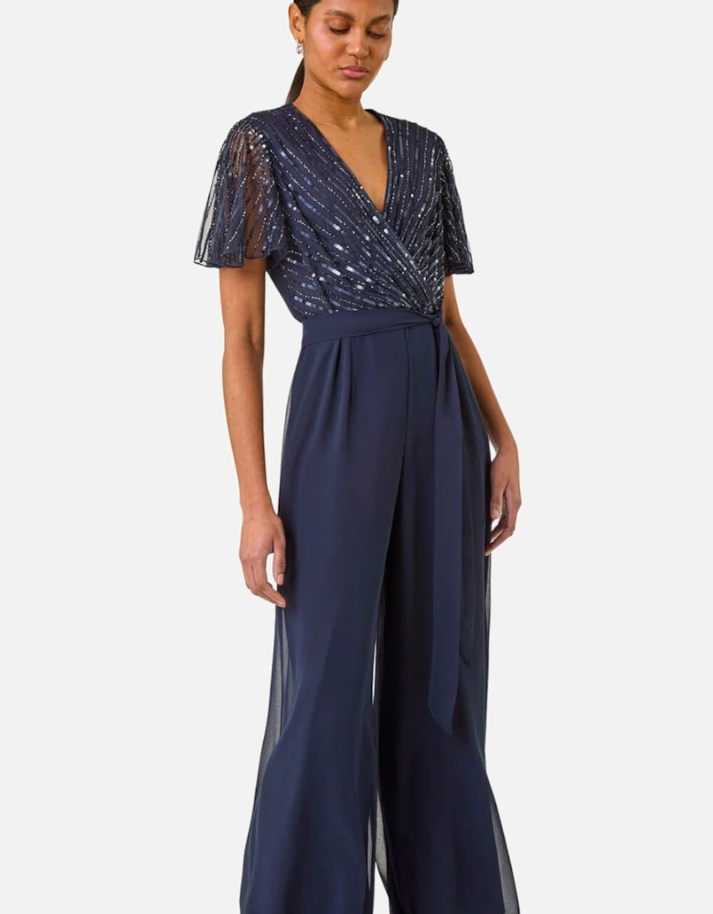 Embellished Beaded V-Neck Jumpsuit