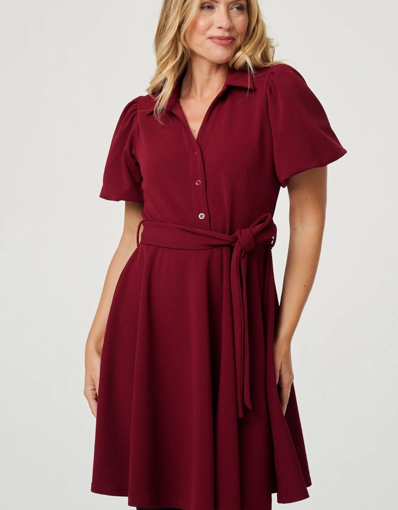 Puff Sleeve Tie Waist Short Skater Dress