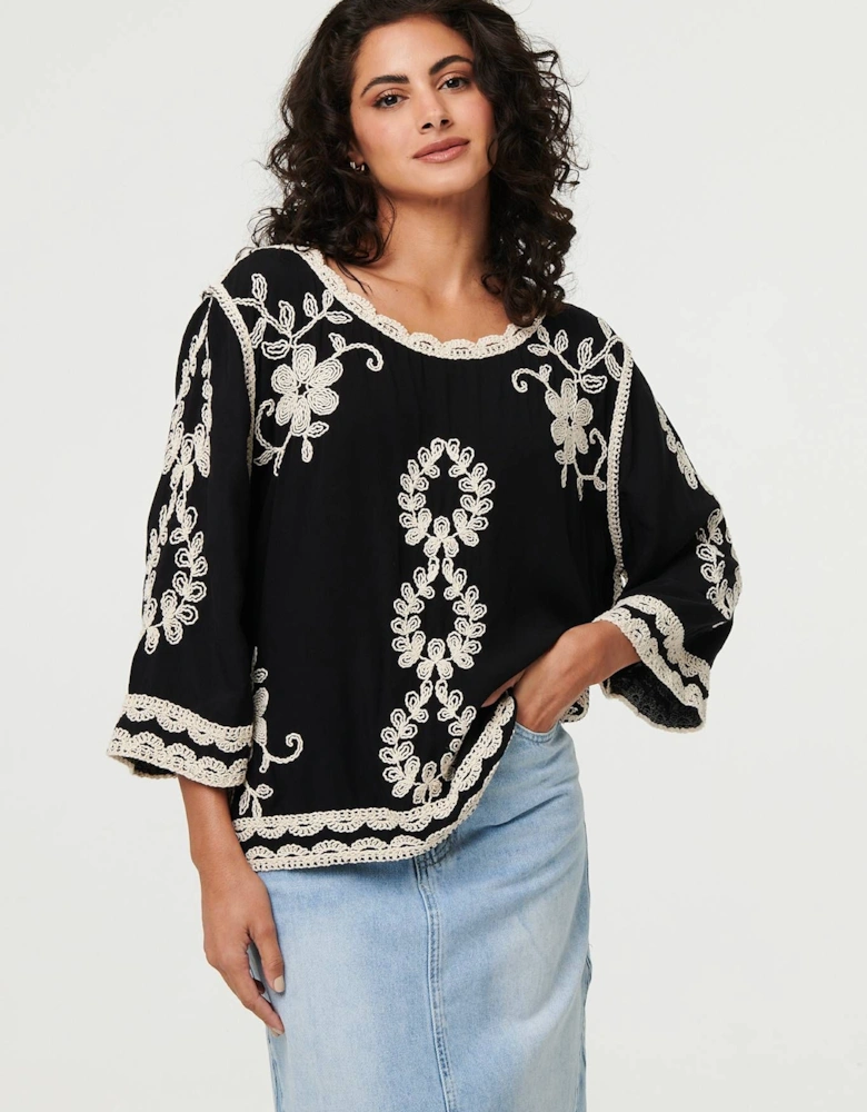 Floral Embroidered 3/4 Sleeve Blouse