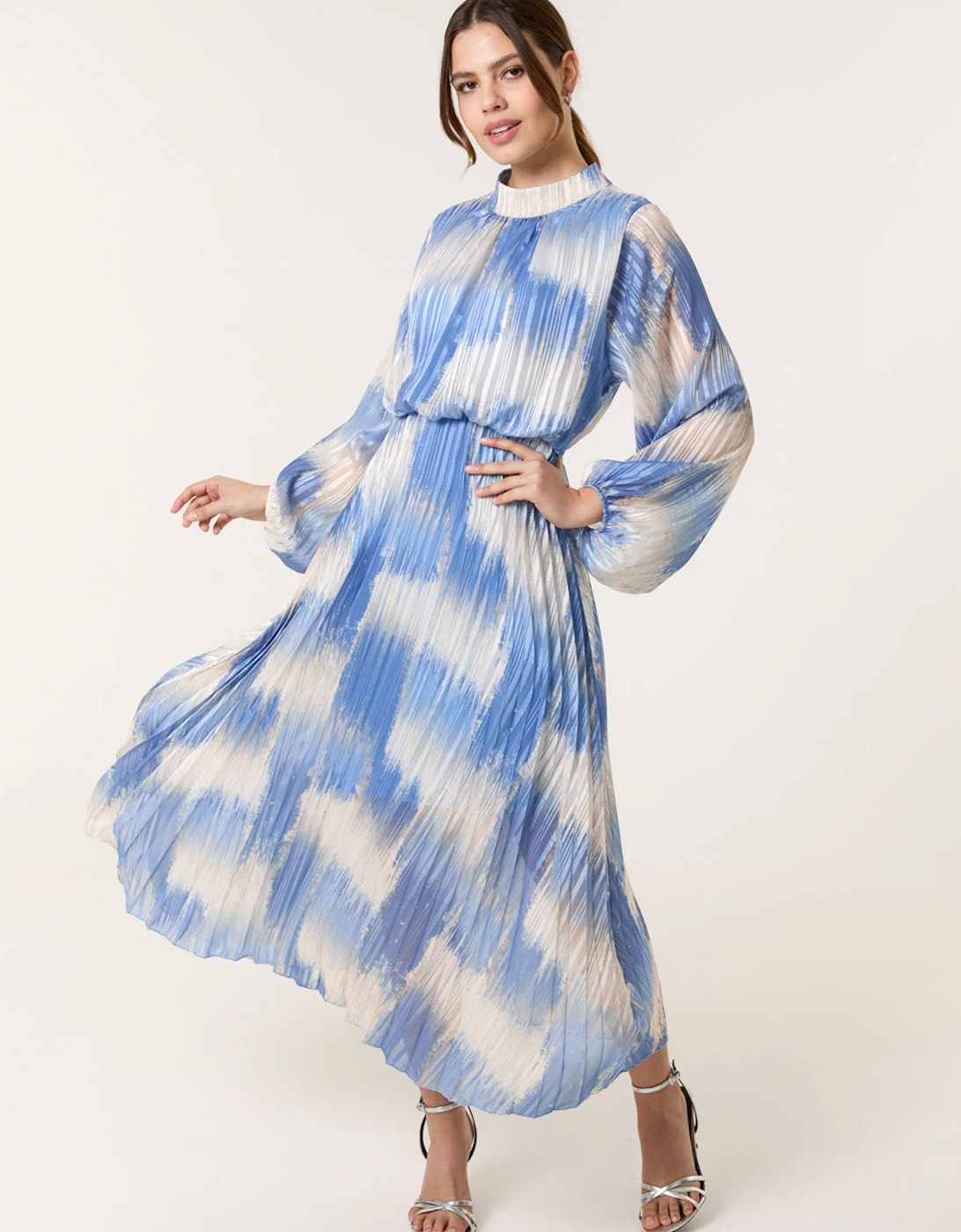Blue High Neck Long Sleeve Printed Dress, 2 of 1