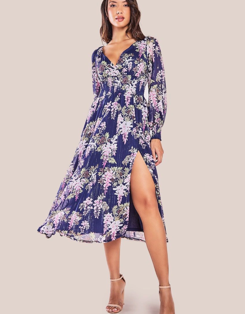 Printed Lurex Chiffon Long Sleeve Midi Dress