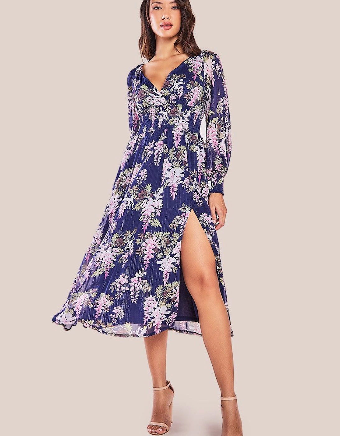 Printed Lurex Chiffon Long Sleeve Midi Dress, 2 of 1