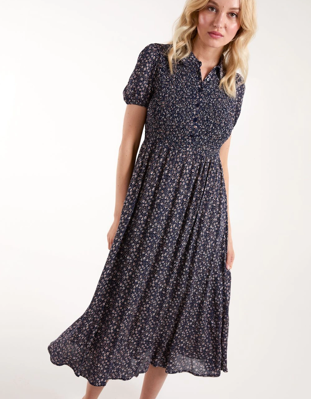 Puff Sleeve Shirred Midi Dress, 2 of 1