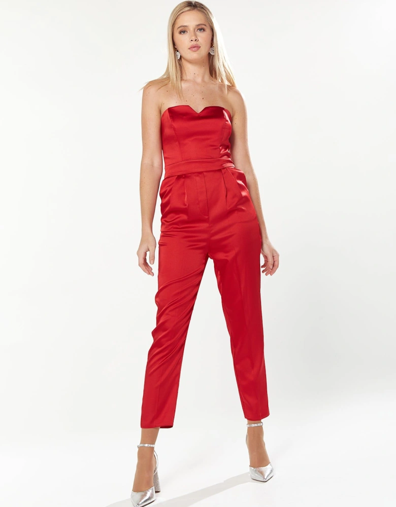 Satin Bandeau Jumpsuit In Red