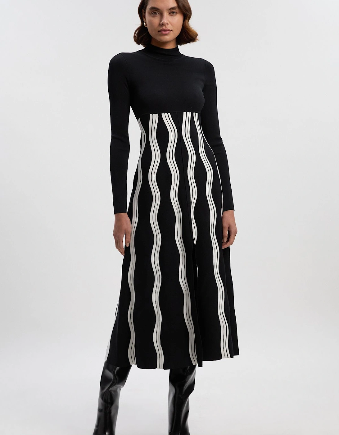 Petite Contrast Wave Knit A-Line Knitted Long Sleeve Dress, 2 of 1