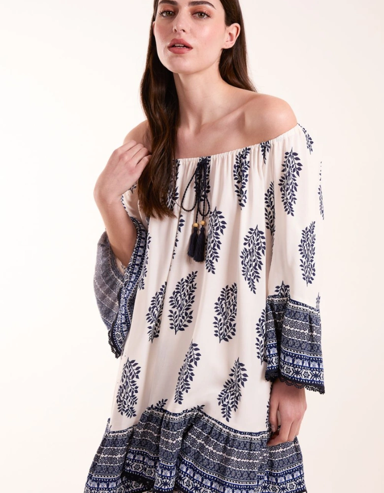 Mix Print Bardot With Tassel Dress