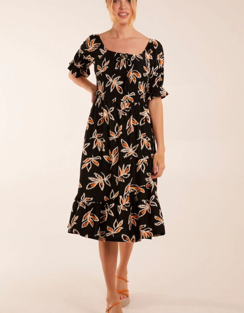 Milkmaid Tiered Puff Sleeve Abstract Print Shirred Midi Dress