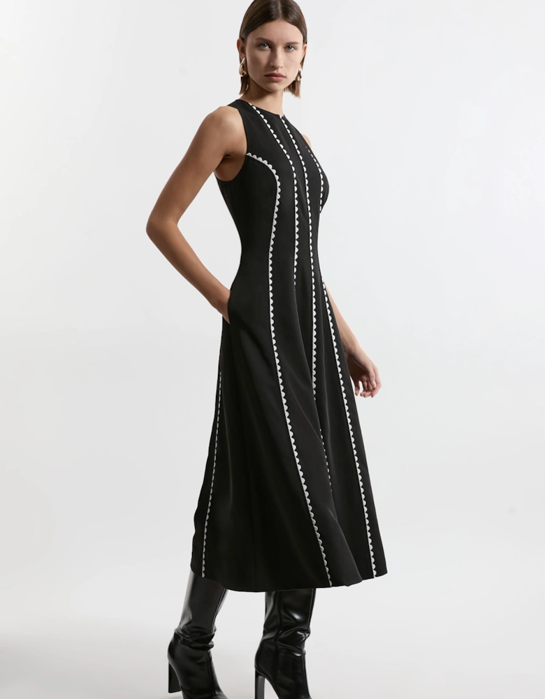 Scallop Trim Panelled Twill Woven Maxi Dress