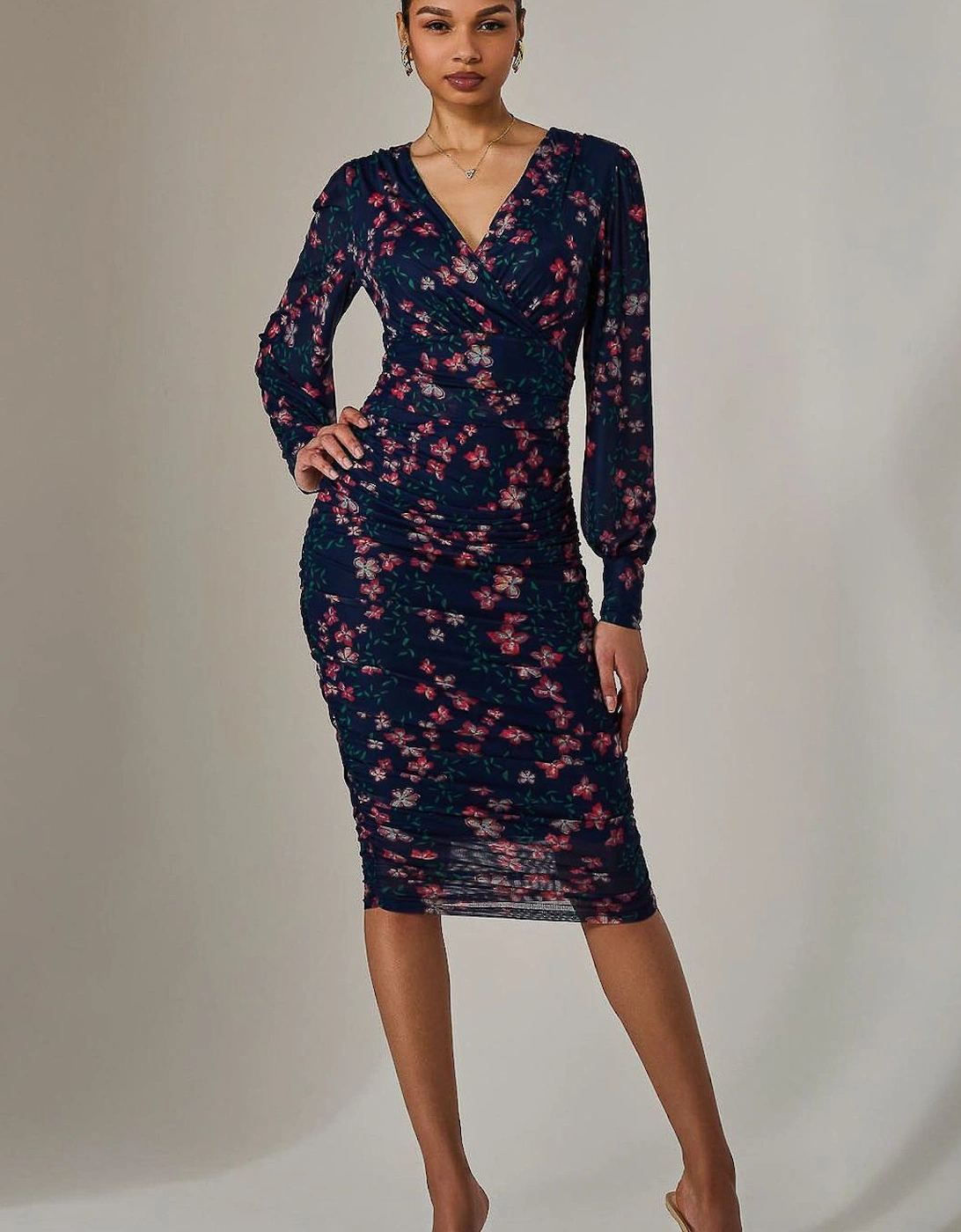 Mesh Long Sleeve Ruched Bodycon Dress, 2 of 1