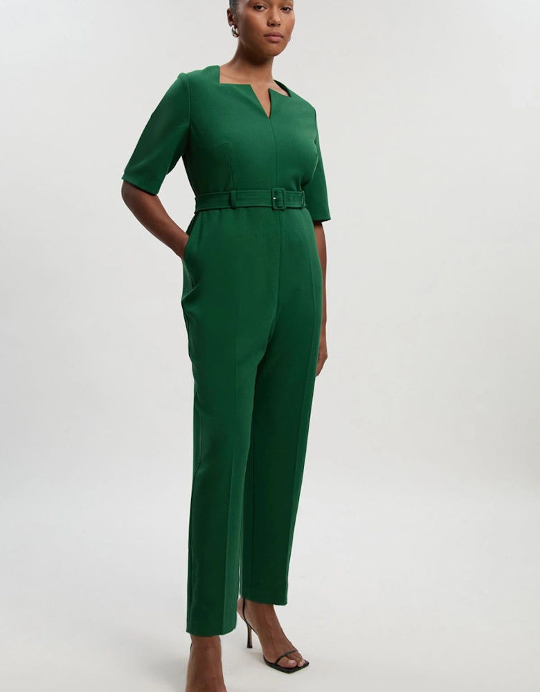Plus Size Structured Crepe Forever Notch Neck Belted Tailored Jumpsuit