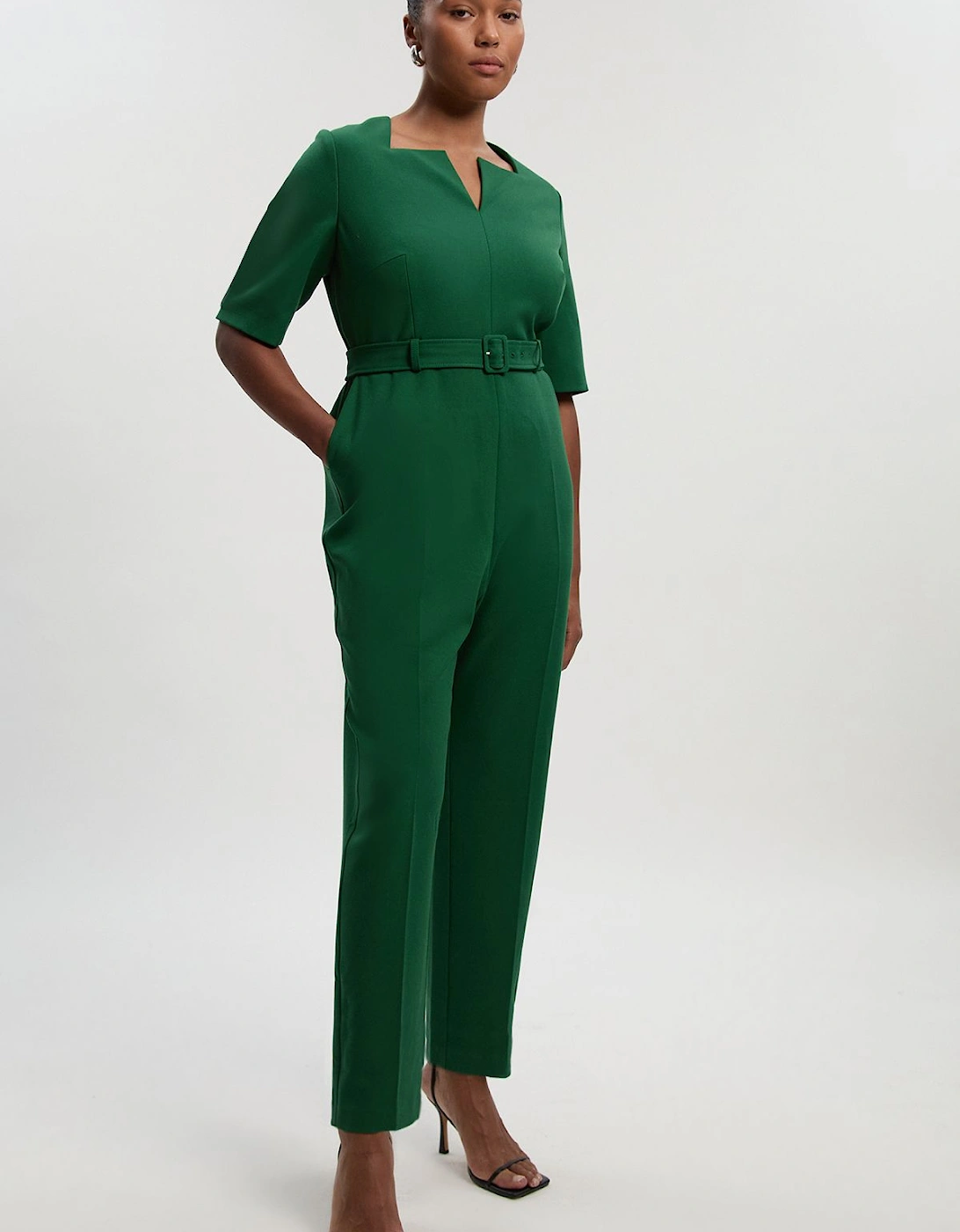 Plus Size Structured Crepe Forever Notch Neck Belted Tailored Jumpsuit, 2 of 1