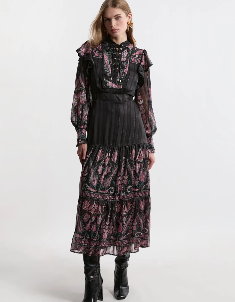 Petite Boho Floral Woven Midaxi Dress With Lace Front Detail