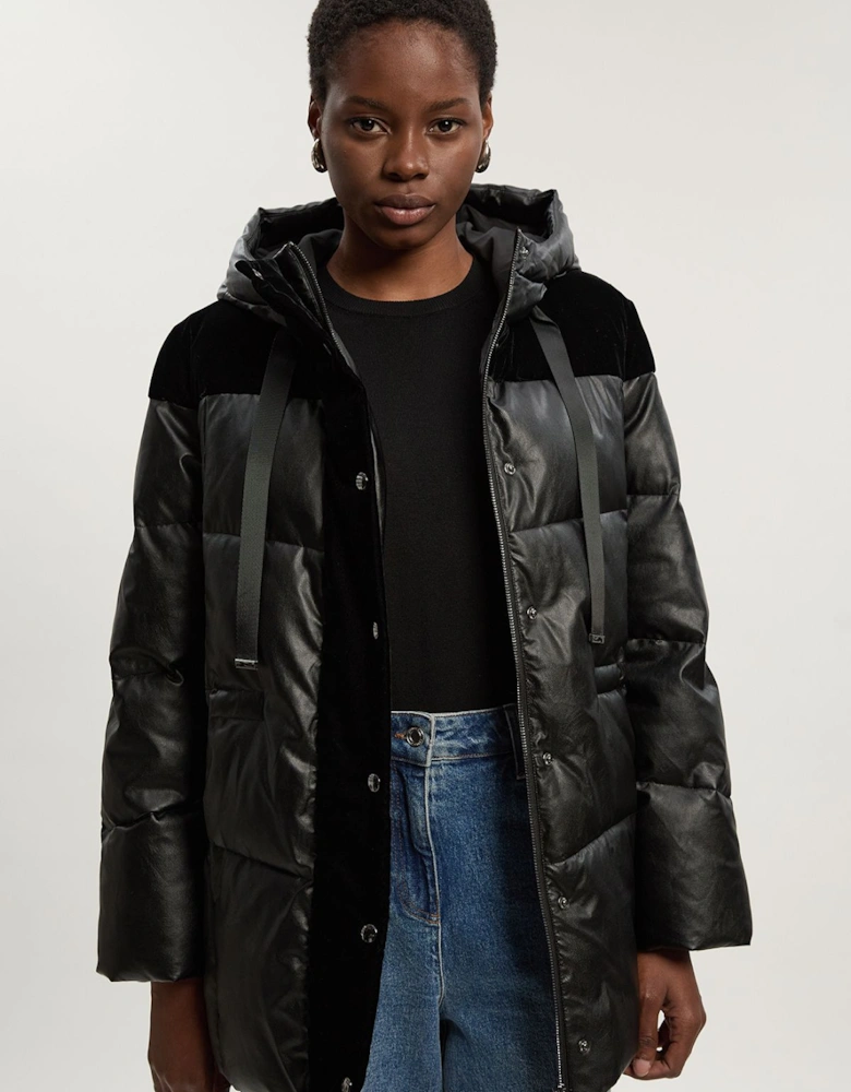 Faux Leather Padded & Velvet Mix Hooded Coat