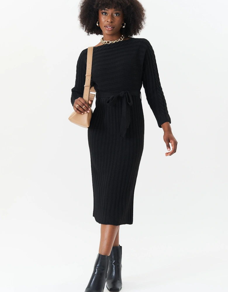 Black Bat Wing Rib Knit Belted Midi Dress