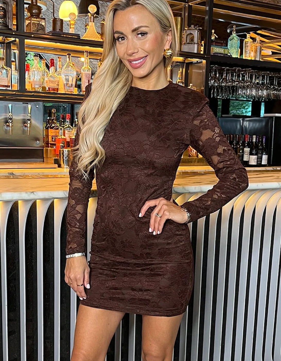 Chocolate Lace Long Sleeve Bodycon Mini Dress, 2 of 1