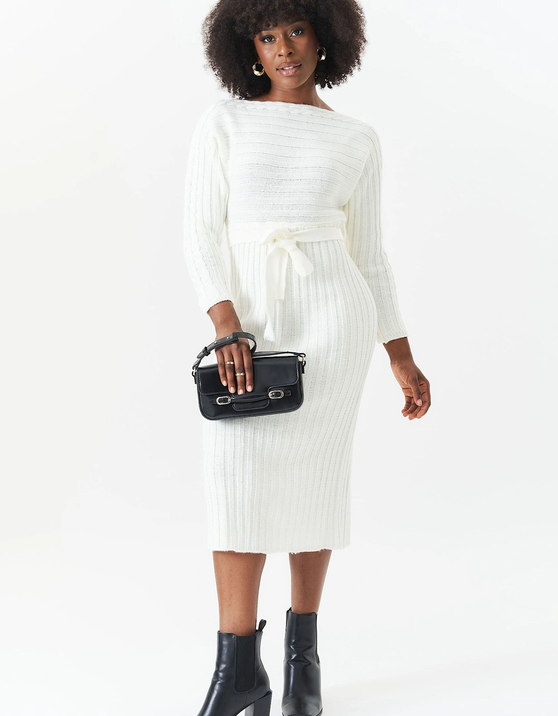 Cream Bat Wing Rib Knit Belted Midi Dress, 2 of 1