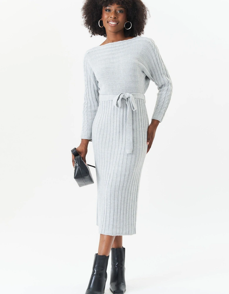 Grey Bat Wing Rib Knit Belted Midi Dress