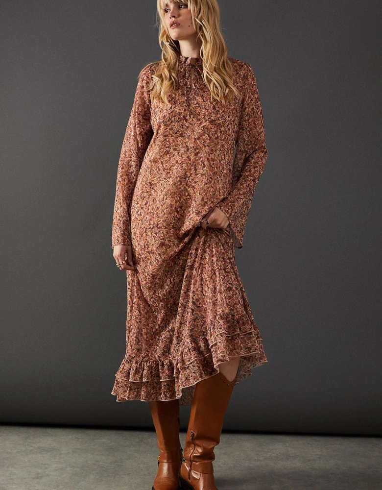Print Chiffon Ruffle Tie Neck Midi Dress