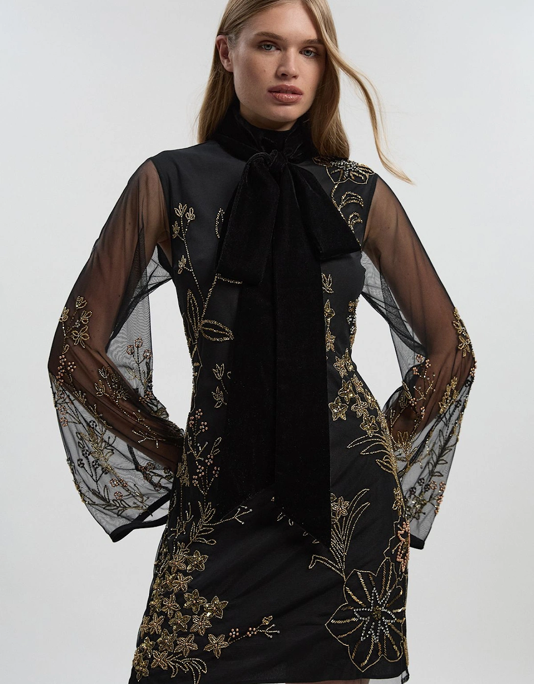 Floral Applique Embellished Organdie Woven Mini Dress, 2 of 1