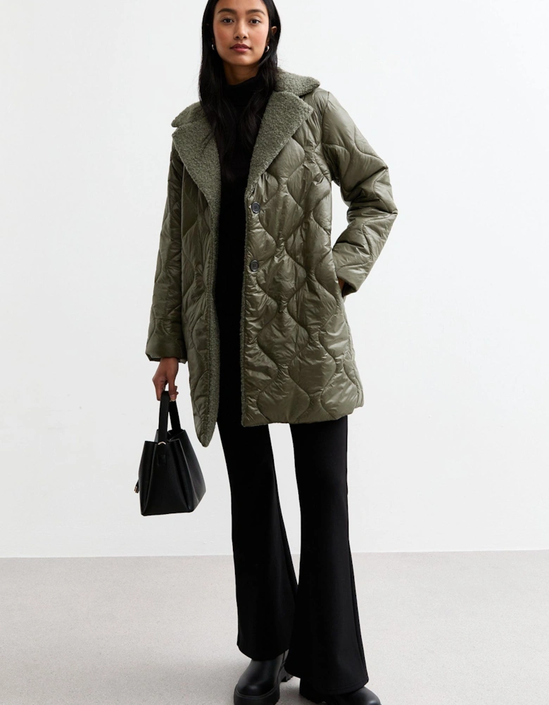 Khaki Quilt Belted Longline Jacket