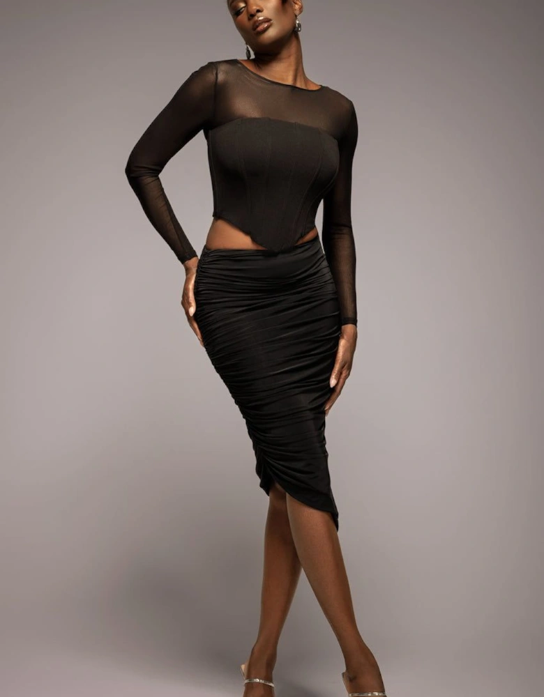 Side Gathered Asymmetric Midi Skirt