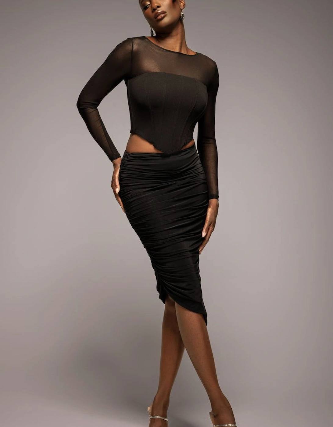 Side Gathered Asymmetric Midi Skirt, 2 of 1