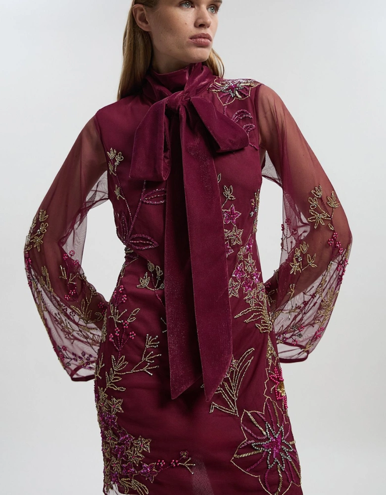 Floral Applique Embellished Organdie Woven Mini Dress