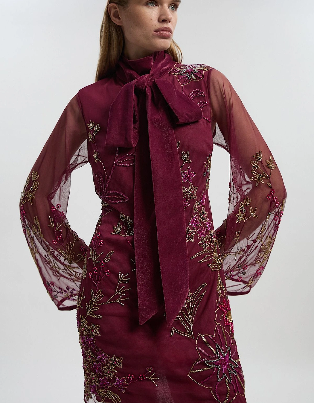 Floral Applique Embellished Organdie Woven Mini Dress, 2 of 1