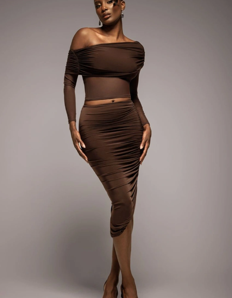 Side Gathered Asymmetric Midi Skirt