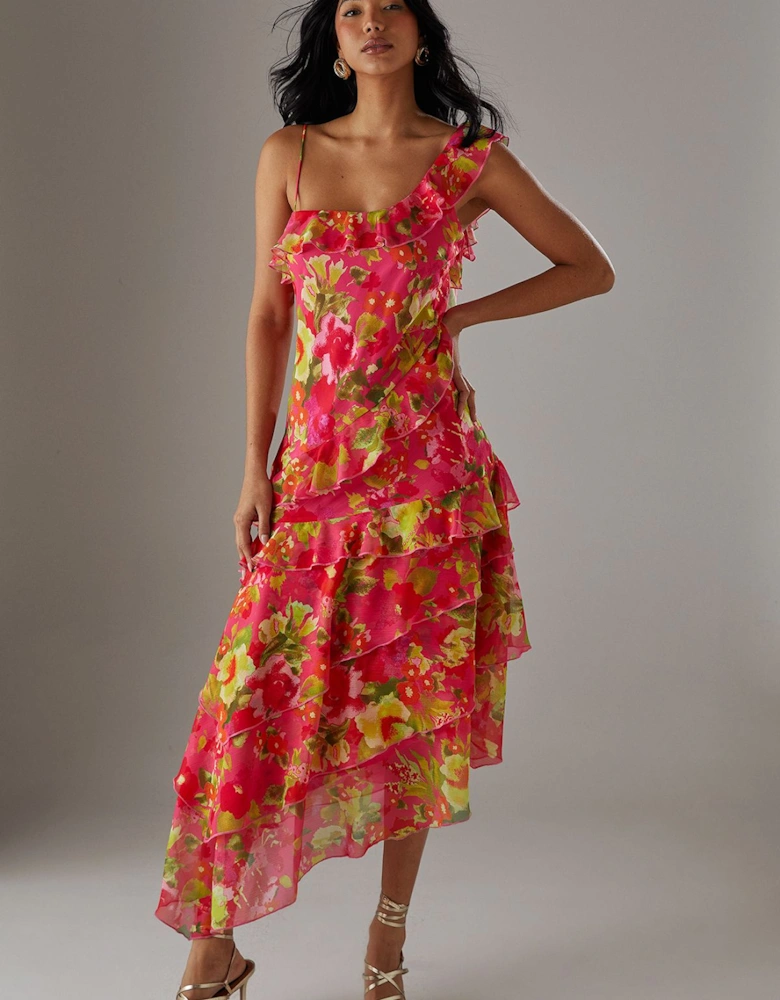 Chiffon Asymmetric Hem Ruffle Midi Slip Dress