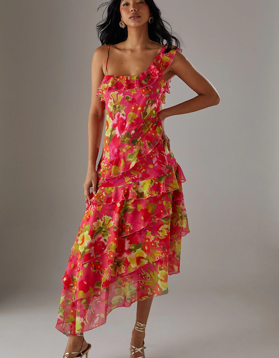 Chiffon Asymmetric Hem Ruffle Midi Slip Dress, 2 of 1