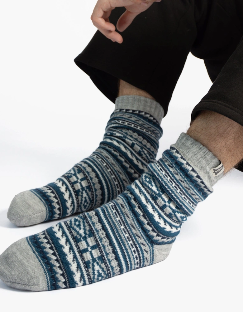 Toasties SHERPA LINED FAIR ISLE Mens Slippers Socks Blue Fair isle