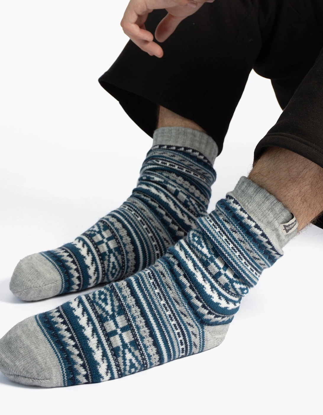 Totes Men's Blue Toasties 3377 Sherpa Line Fair Isle Slipper Socks Slipper Socks Fair Isle
