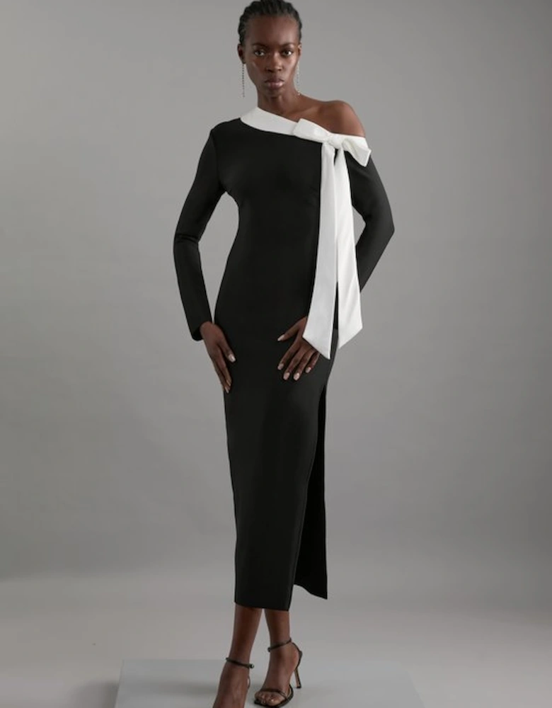 Figure Form Bandage Knit Contrast Bow Detail Maxi Dress