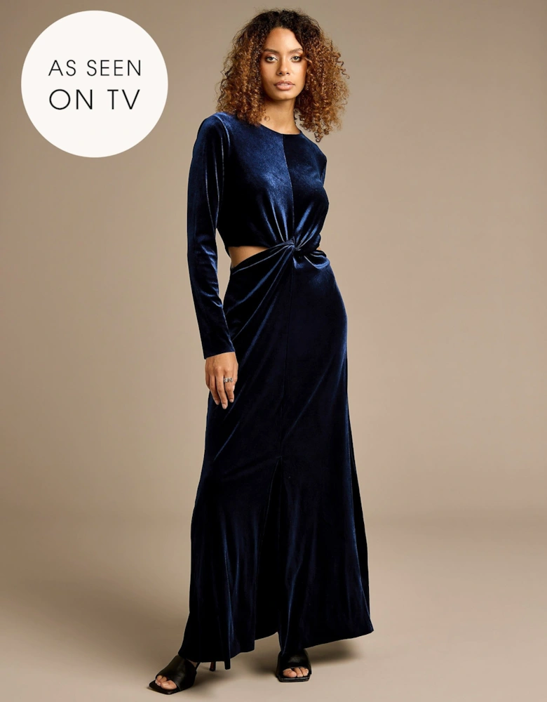 Yasmina Stretch Velvet Navy Maxi Dress