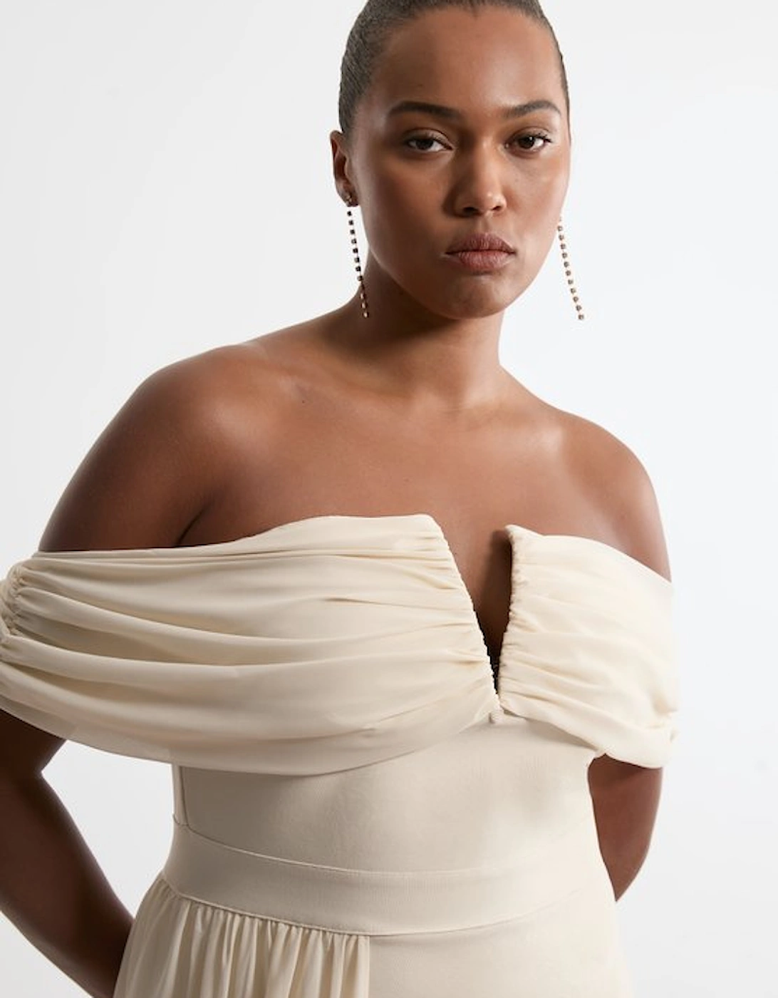 Plus Size Figure Form Bandage Knit Woven Bardot And Skirt Detail Dress