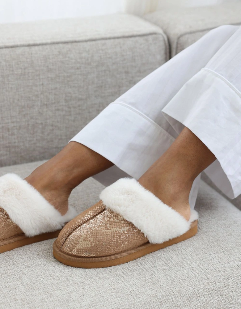 'Cassia' Snake Print Mule Slippers with Faux Fur Trim
