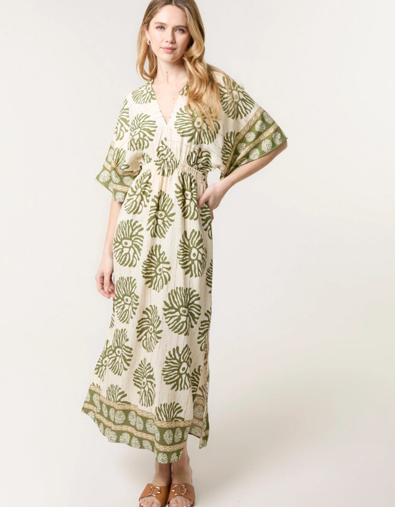 Khaki Elasticated V-Neck Dress