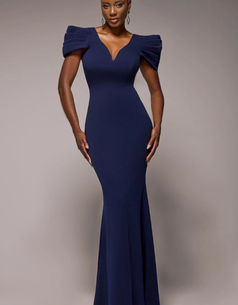 Plunging Neck Pleated Sleeves Scuba Maxi Dress