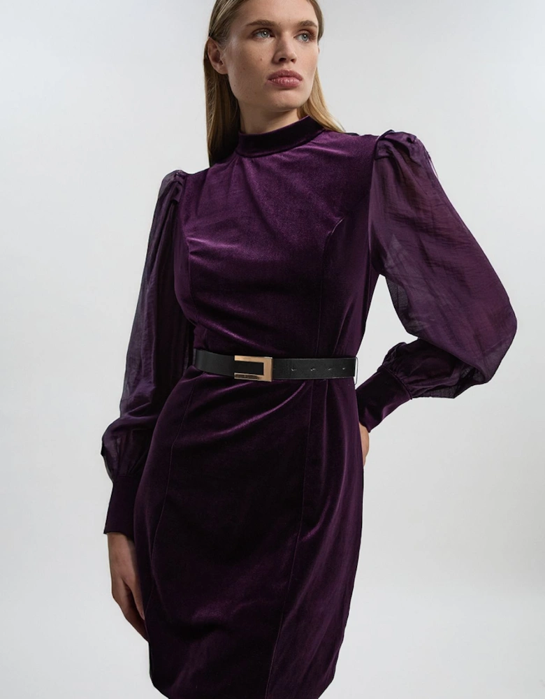 Velvet Mesh Sleeve Belt Detail Woven Mini Dress